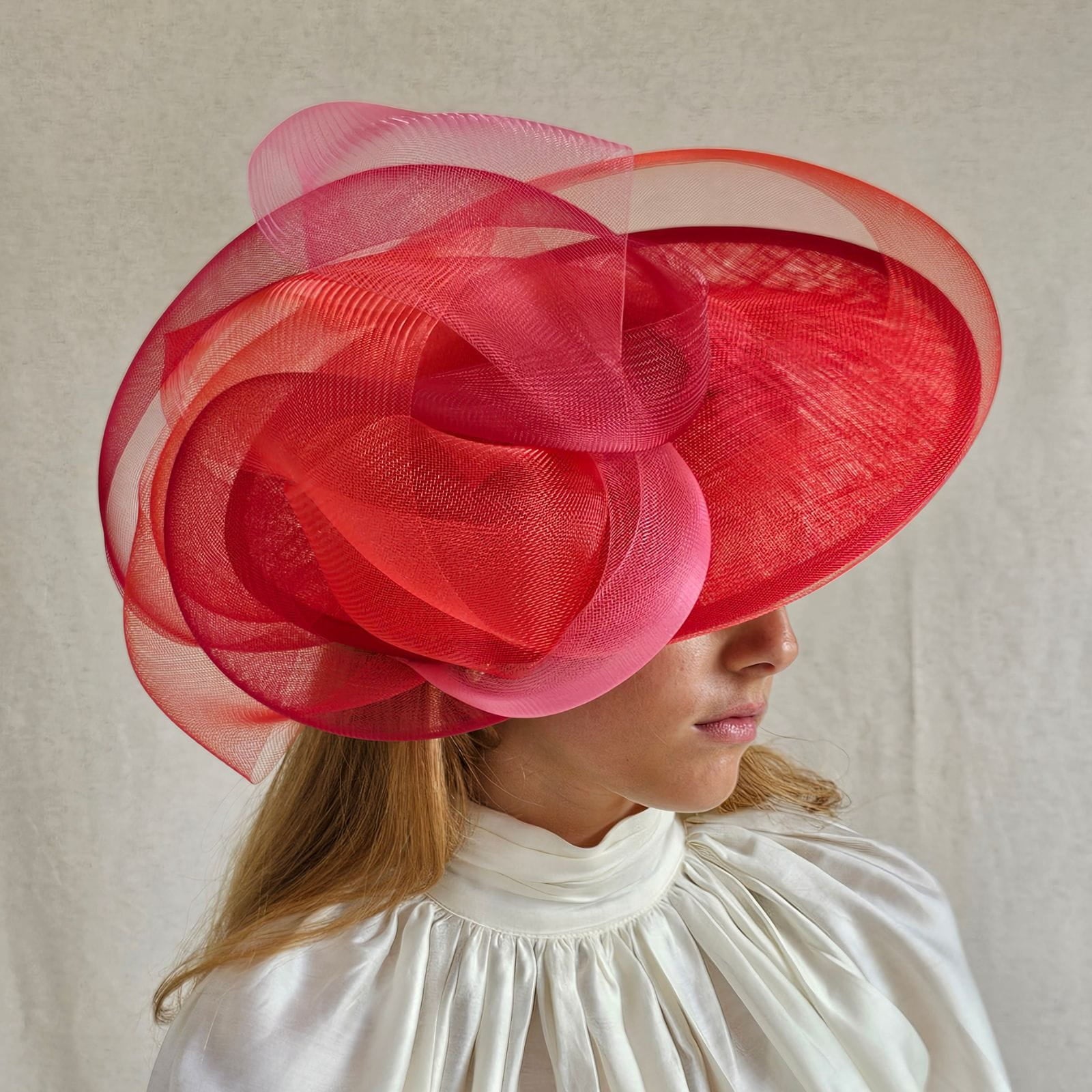 Red ascot disc hat with beautiful crin swirls, side view.