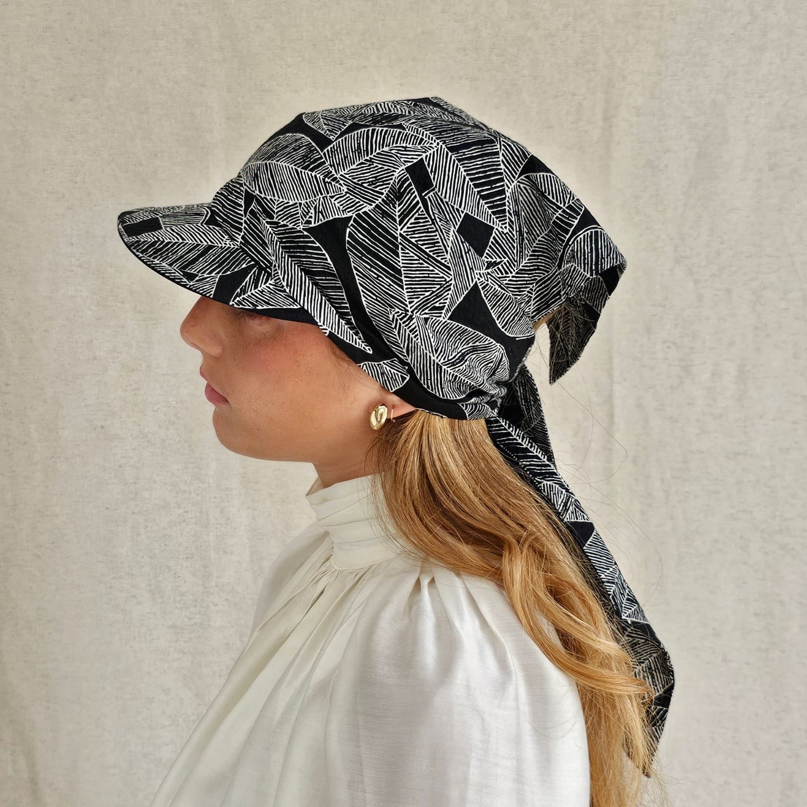 Black Japanese cotton peak scarf hat, side view.