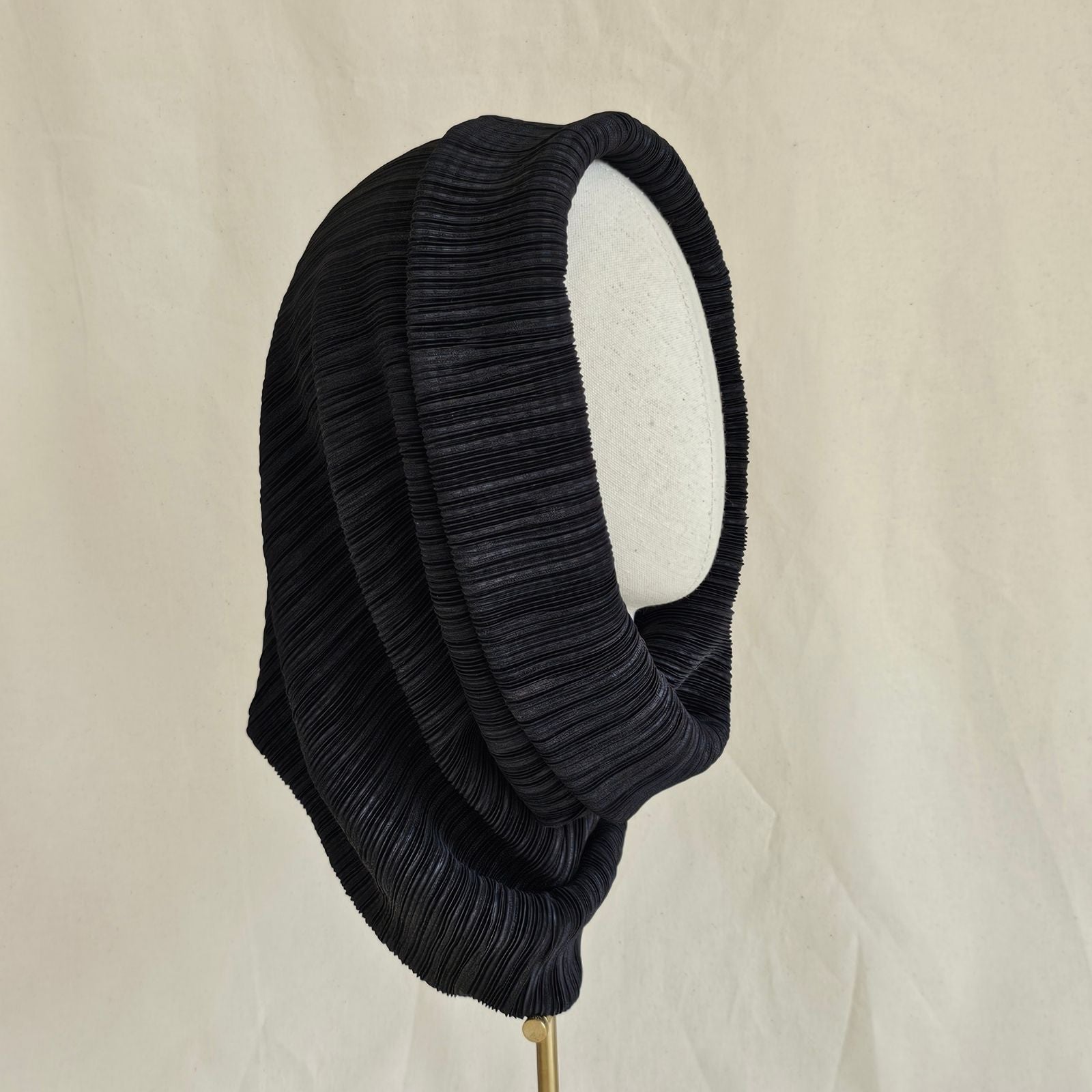 Black pleat beautiful snood, side view.