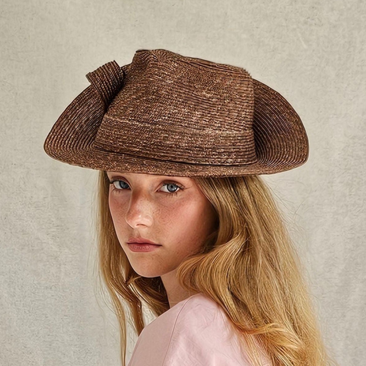 Brown straw trilby with elegant bow swirl, front view.