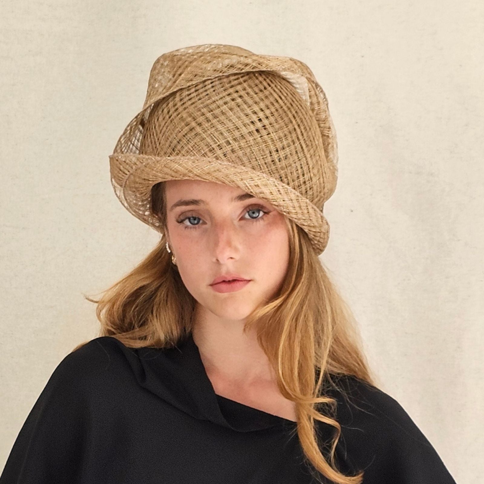 Gold mesh sinamay cloche turban hat, front view.