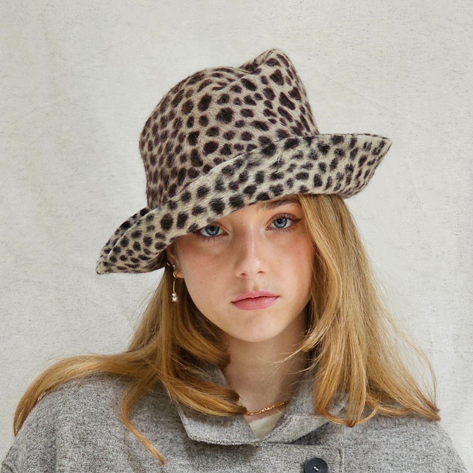 Leopard print felt trilby, front tilt view.