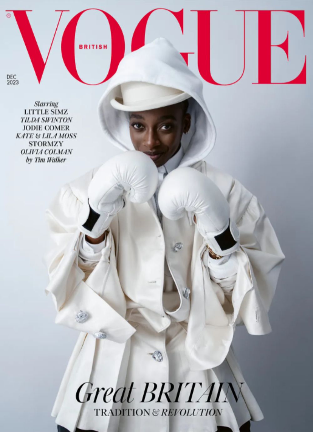 Little Simz wearing white felt bowler hat by Nerida Fraiman on the Vogue December 2023 cover.