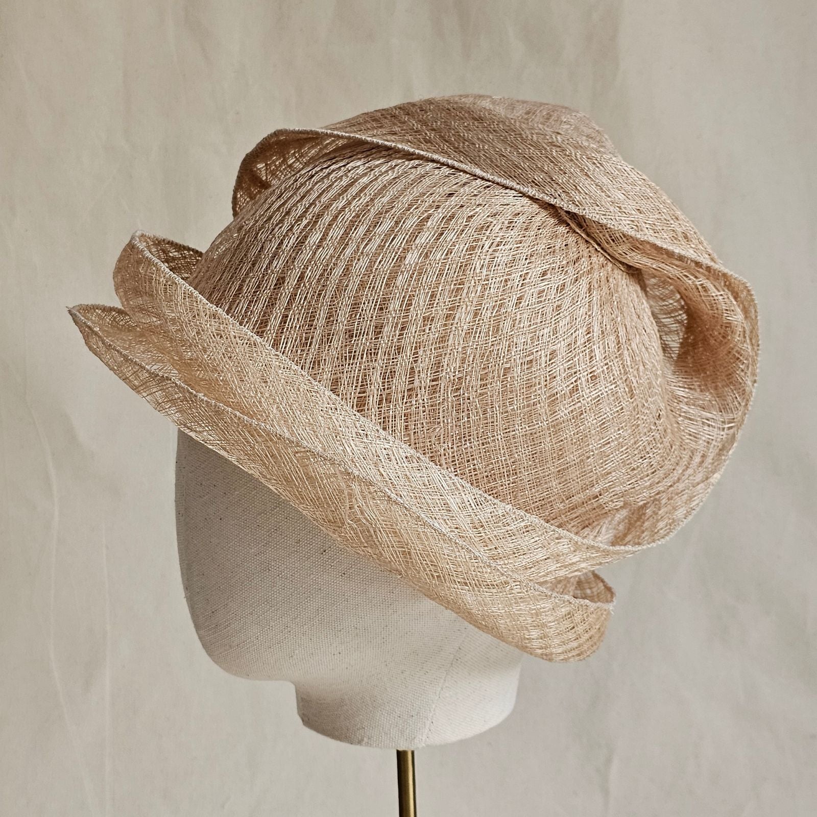 Natural mesh siname cloche hat, side view.