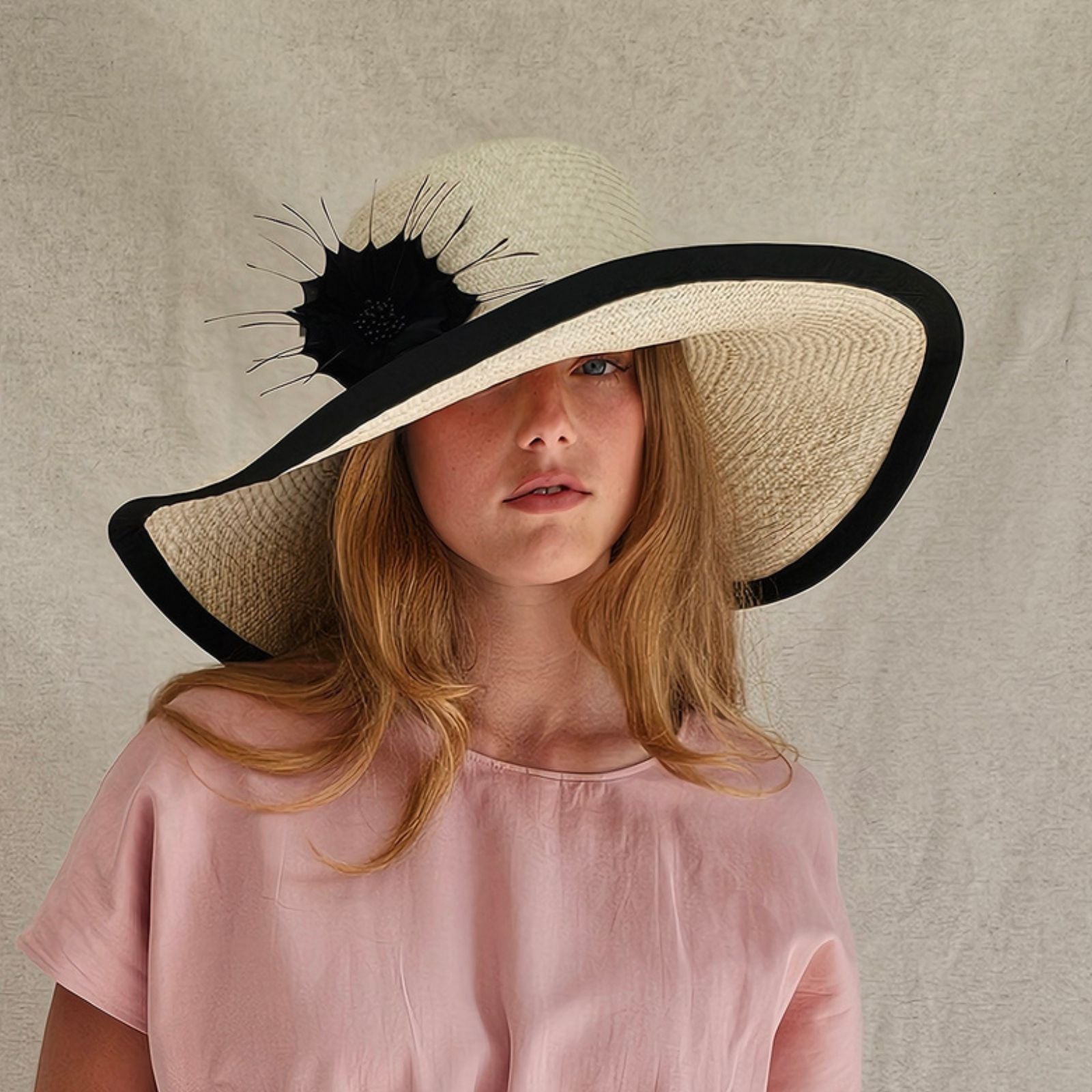 Natural straw sunhat with beautiful black flower and rim, front view.