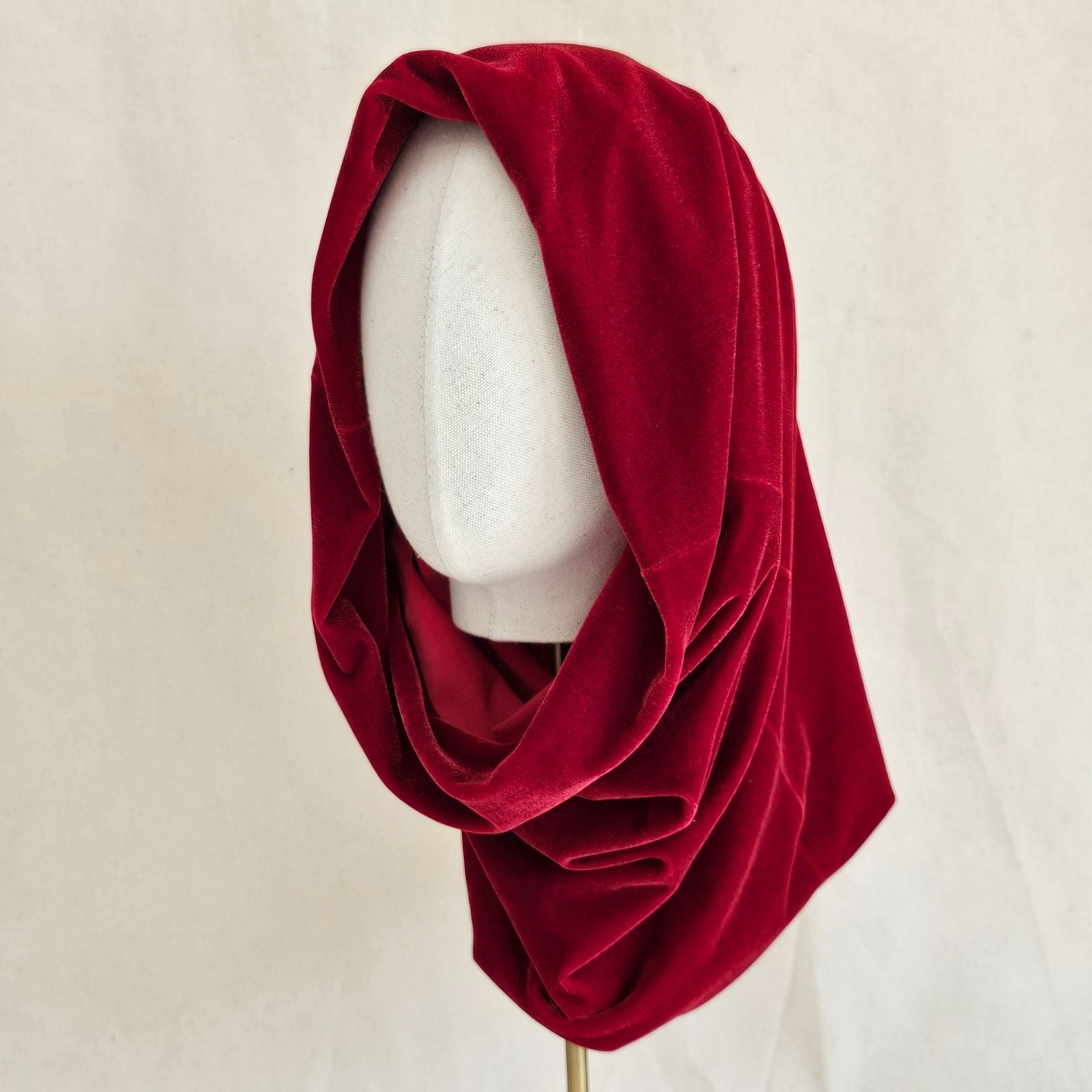 Red velvet elegant luxury snood, angle view.