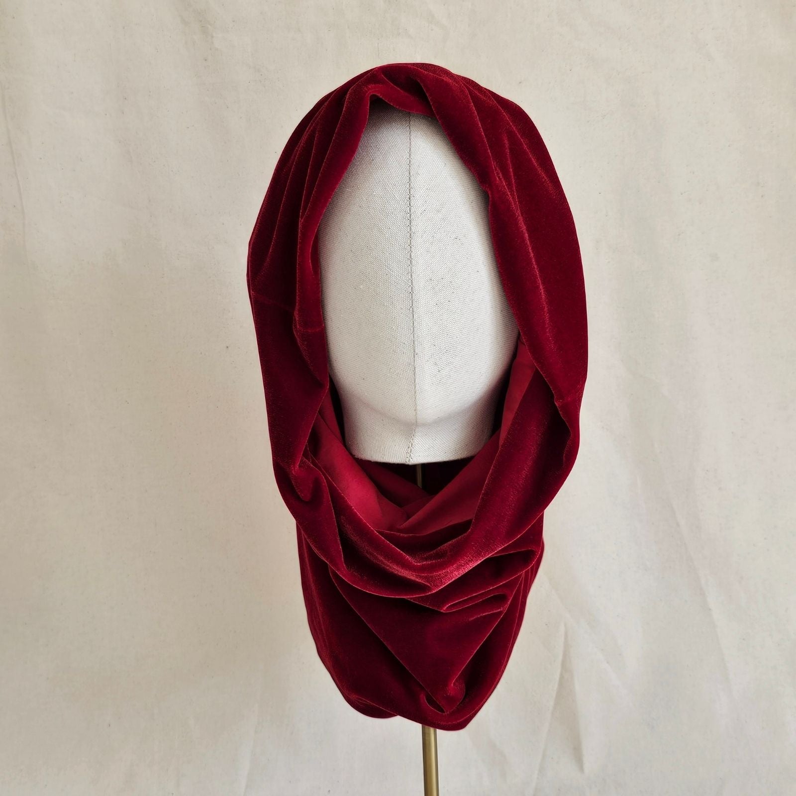 Red velvet elegant snood, front view.