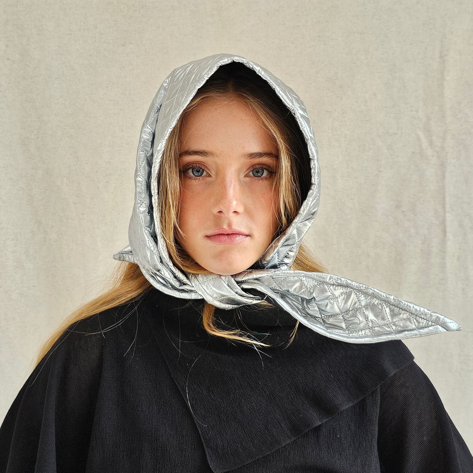 Silver quilted scarf hat, front view.
