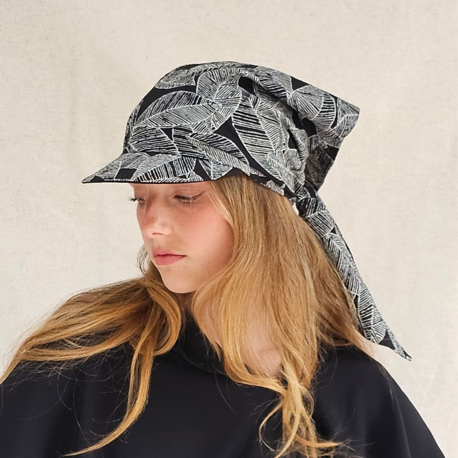 Black Japanese cotton peak scarf hat, angle view.