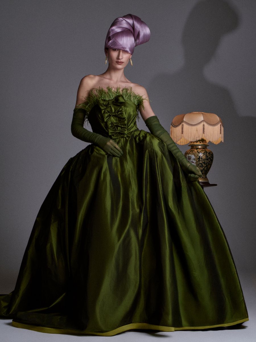 Model wearing lilac silk abaca chignon hat by Nerida Fraiman for Azzopardi Studio.