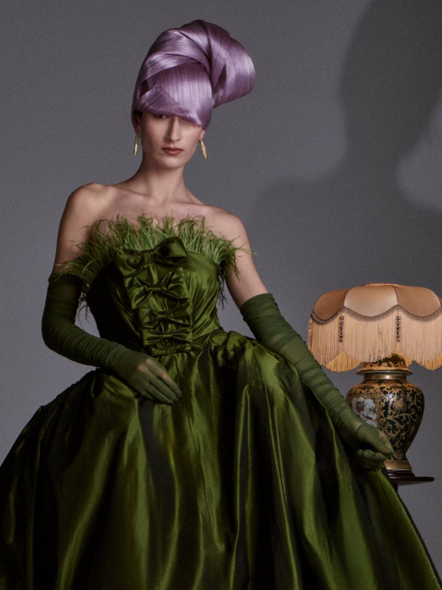 Model wearing lilac silk abaca chignon hat by Nerida Fraiman for Azzopardi Studio.