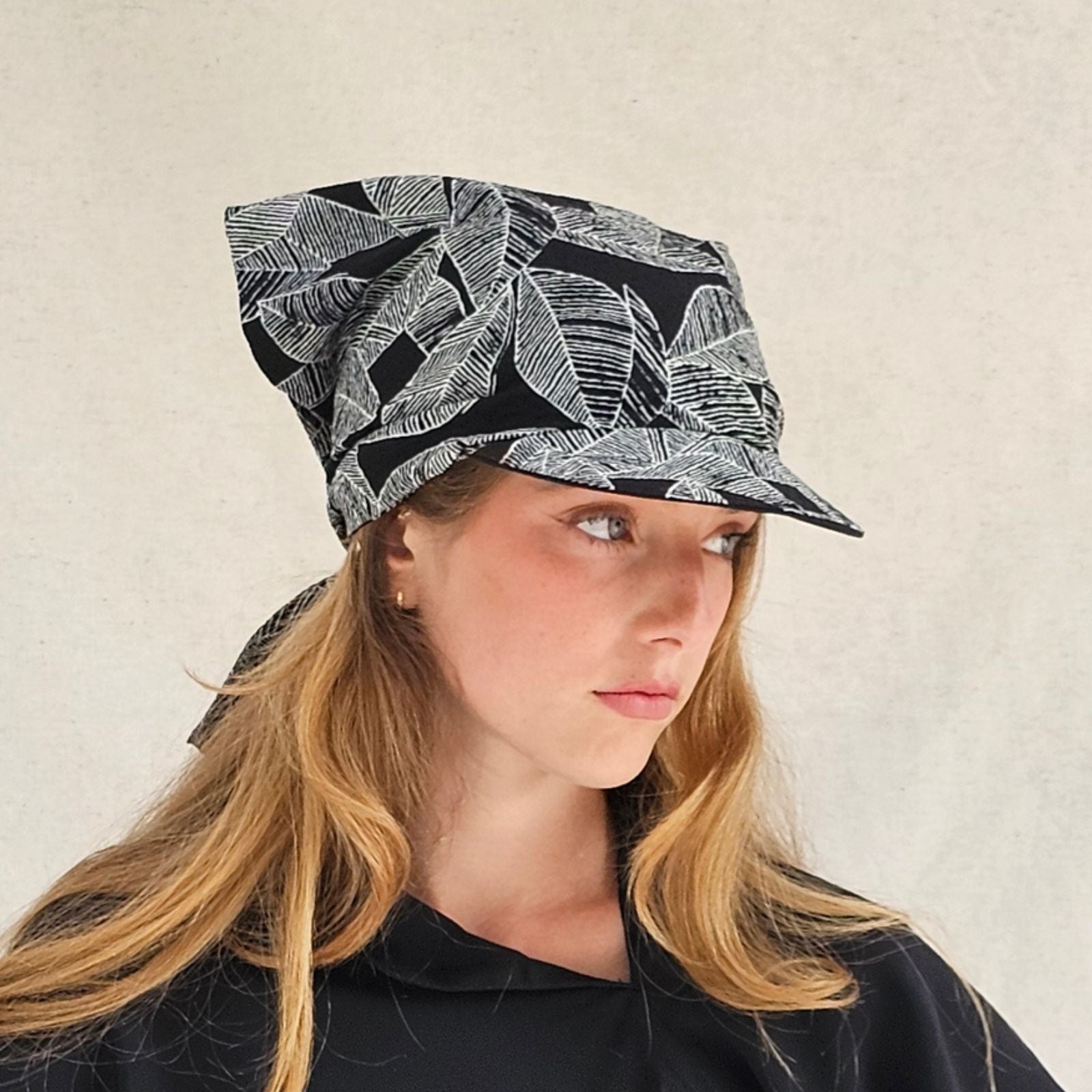 Black japanese print cotton peak scarf hat, right view.