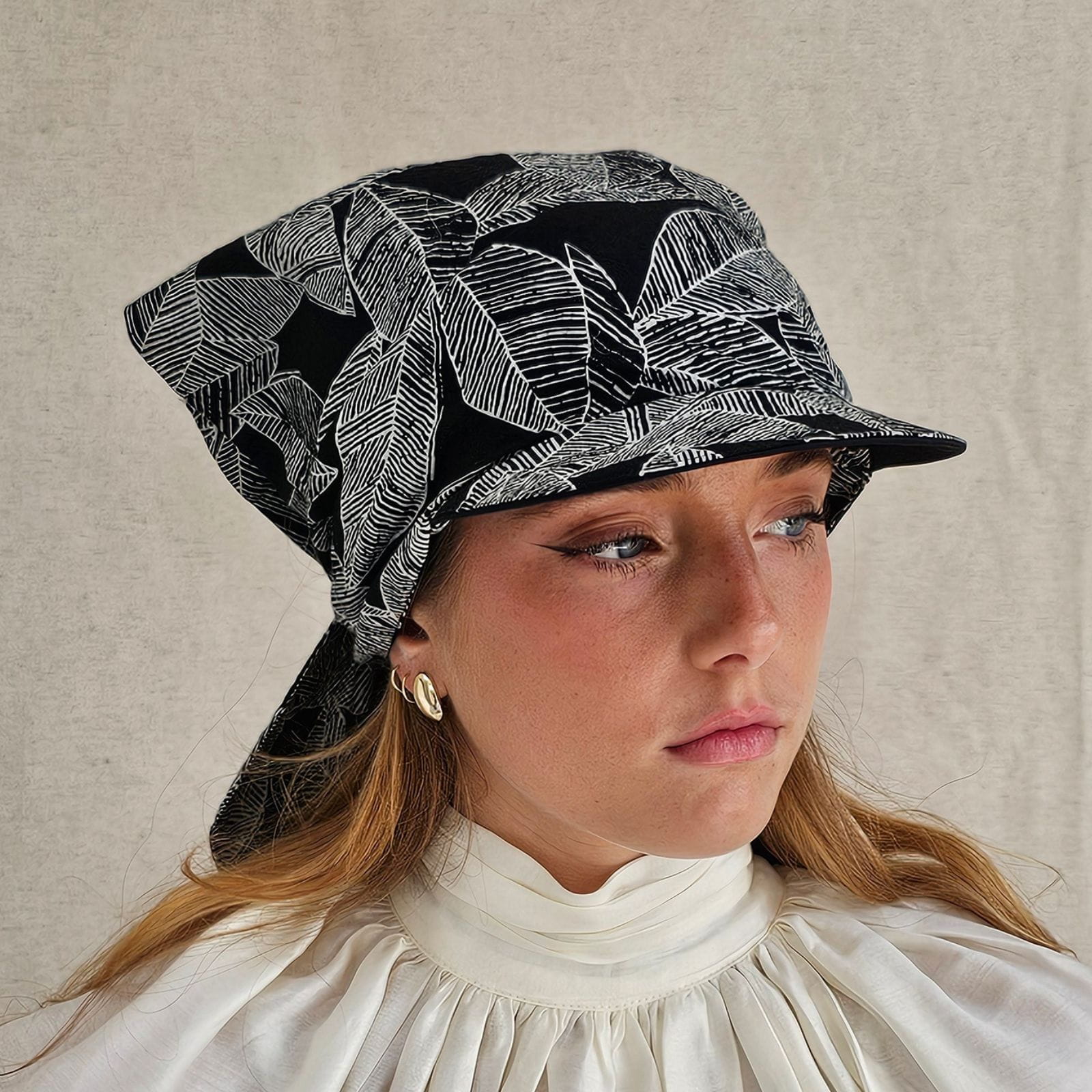 Black Japanese cotton peak scarf hat, angle view.