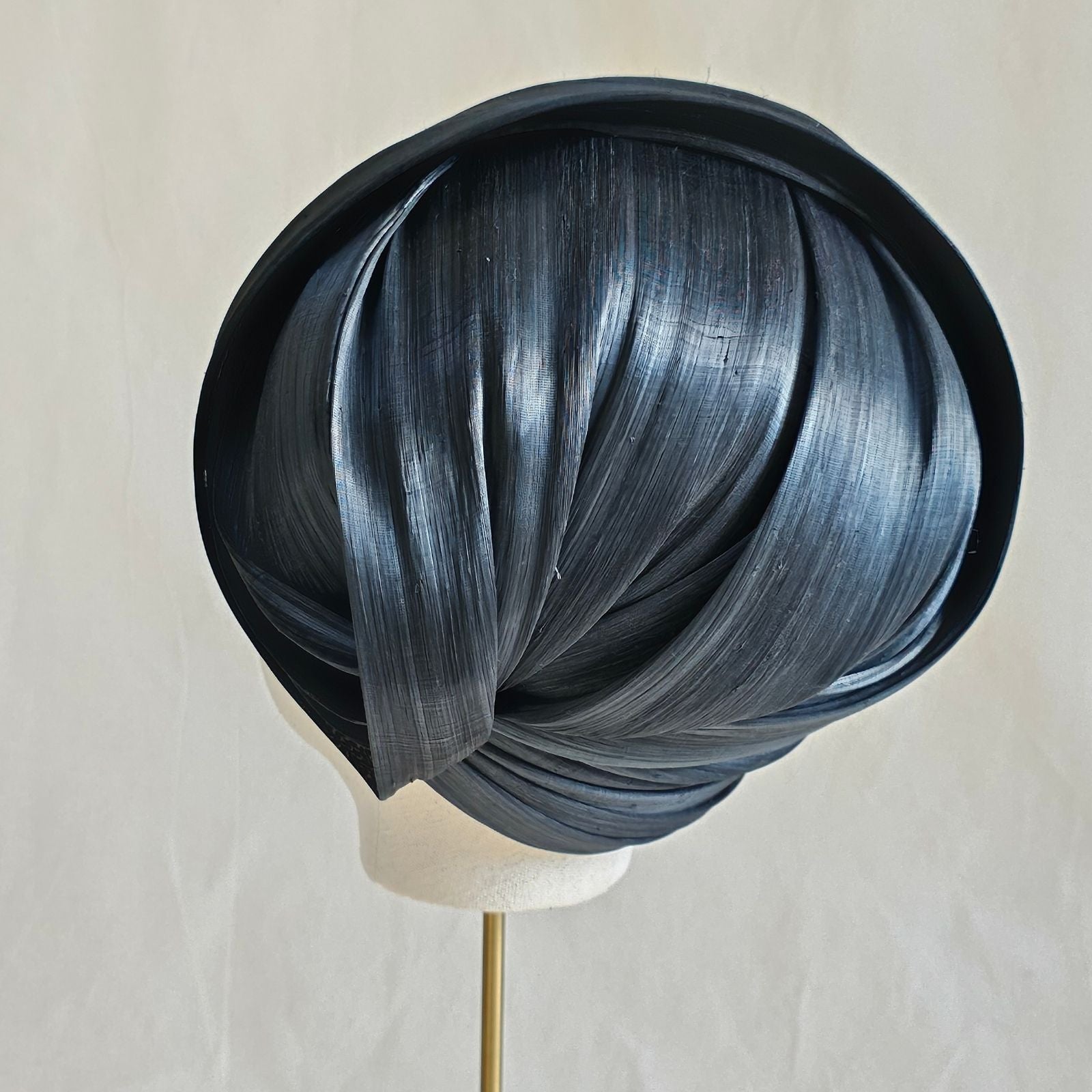 Black silk abaca turban hat with beautiful sheen, rear view.