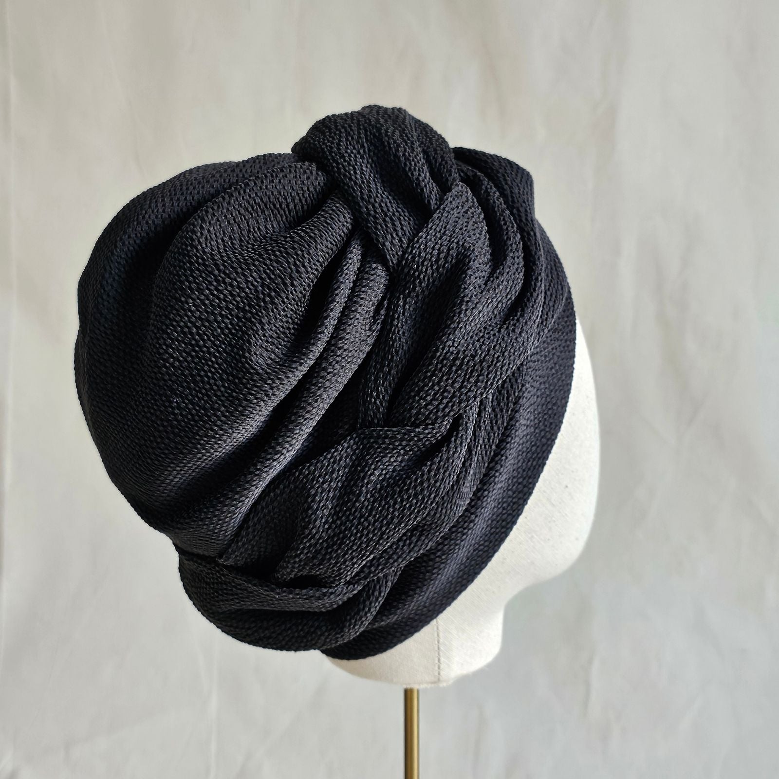 Black silk turban with beautiful braid, back view.