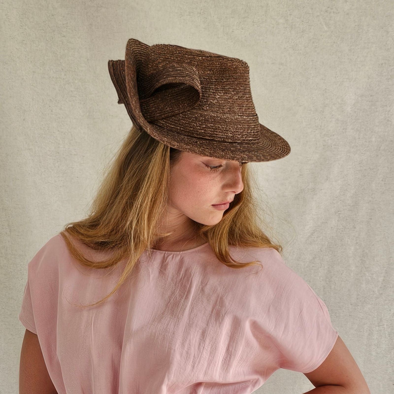 Brown straw trilby with stylish bow, angle view.