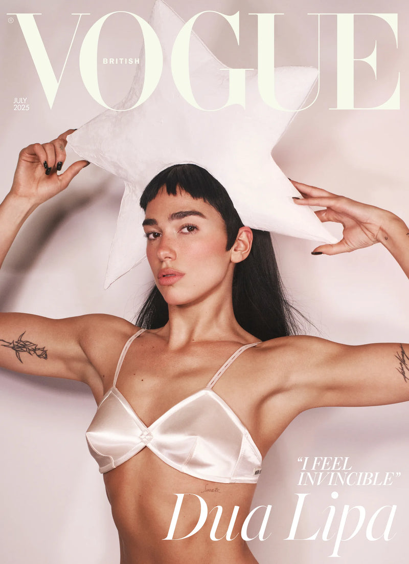 Dua Lipa wearing Nerida Fraiman star hat on the Vogue 2025 cover.