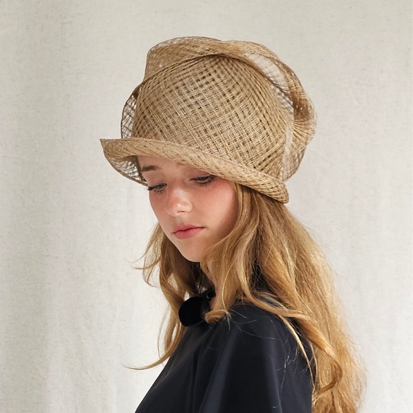 Gold mesh sinamay cloche turban hat, side view.