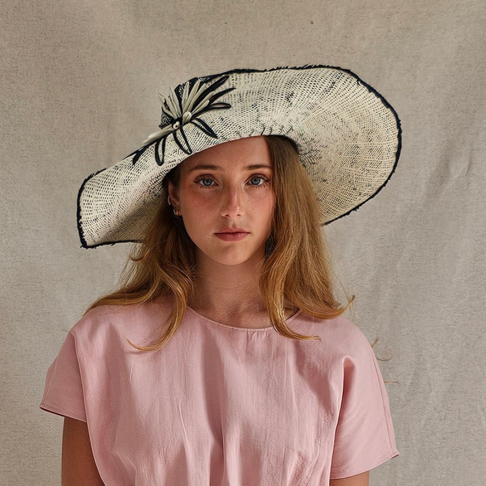 Ivory and blue straw sunhat with beautiful flower embellishments, front view.