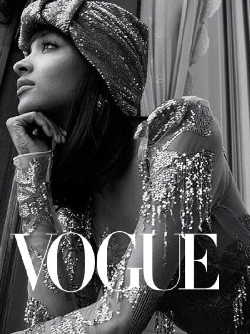 Jourdan Dunn wearing Nerida Fraiman sequin turban for Vogue magazine.