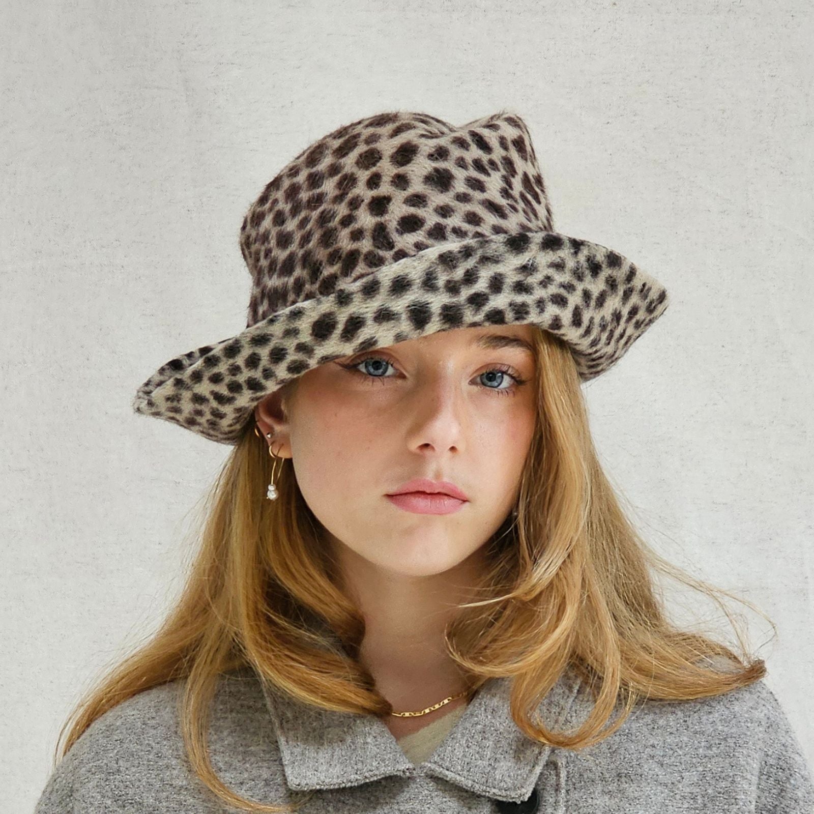 Leopard print felt trilby, front view.