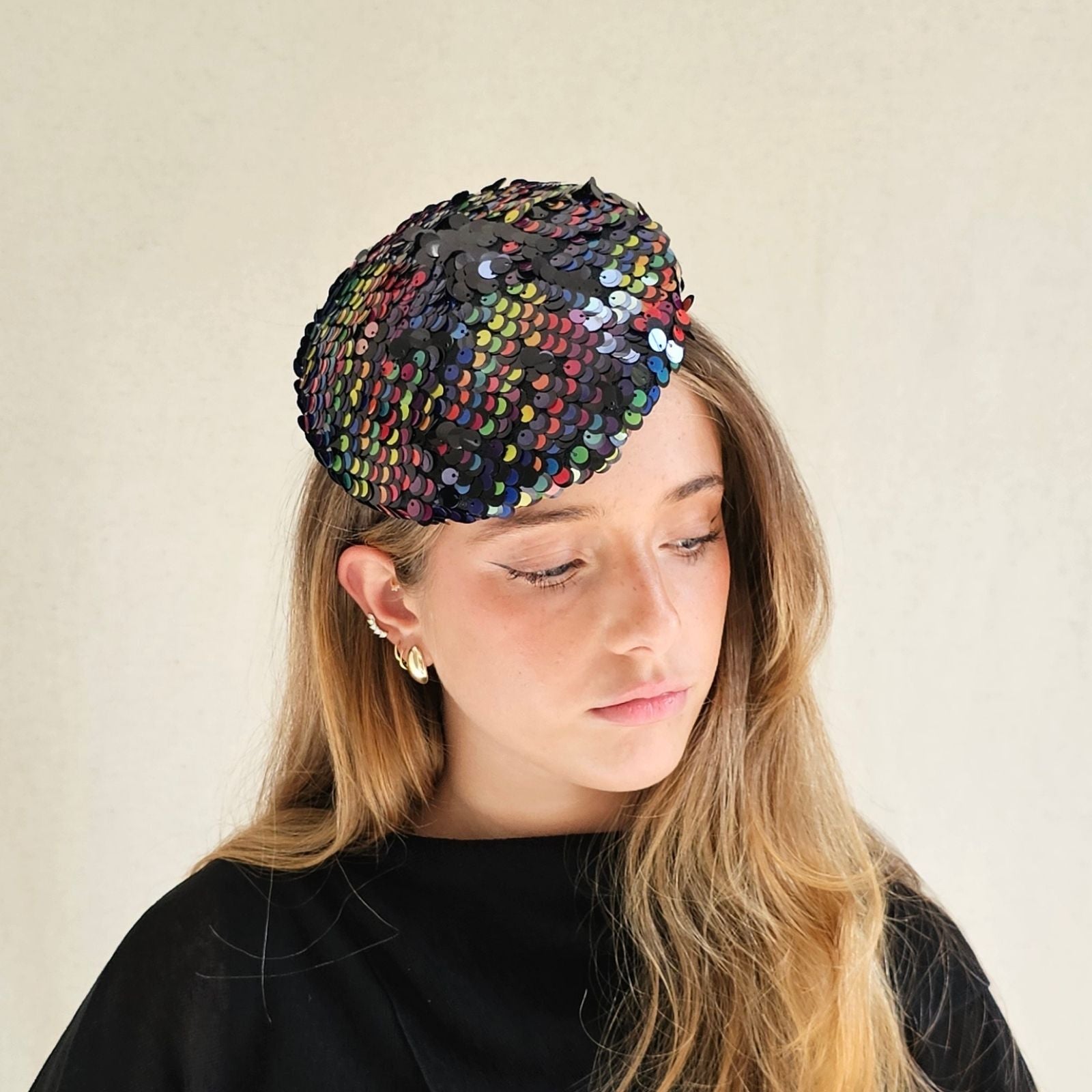 Multicolour sequin beret hat, front view.