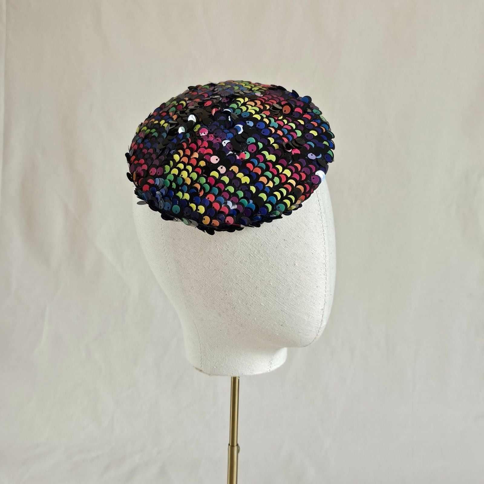Multicolour sequin beret hat, right view.