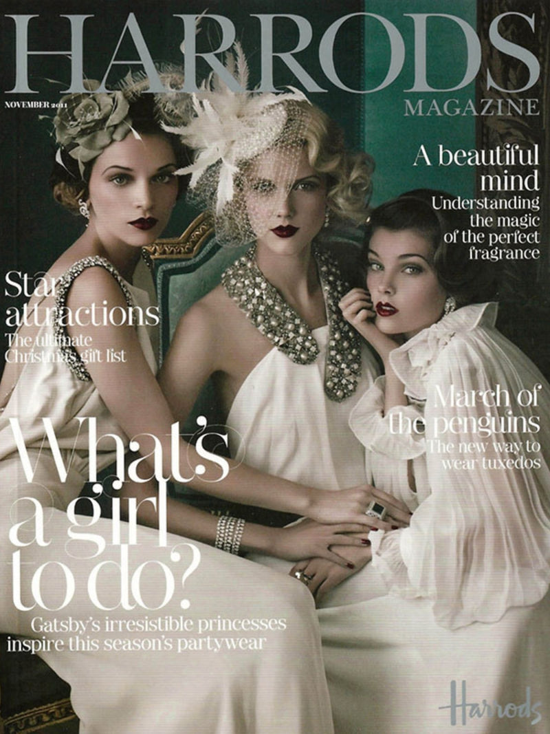 Model wearing Nerida Fraiman bridal fascinator for Harrods magazine.