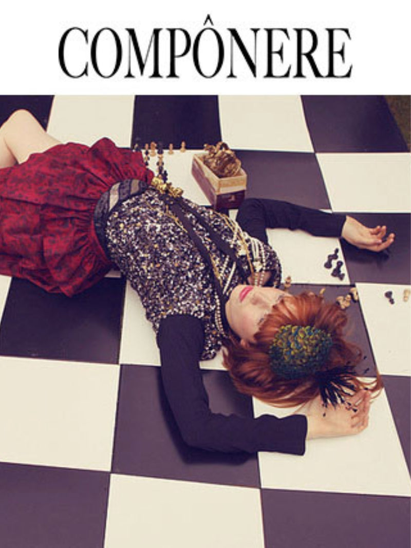Model wearing Nerida Fraiman’s peacock beret for Componere magazine.