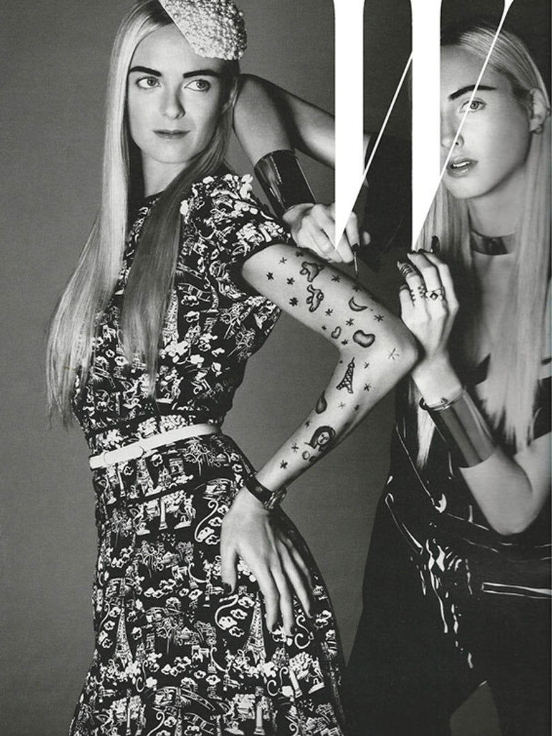Model wearing Nerida Fraiman pearl heart beret for W magazine.