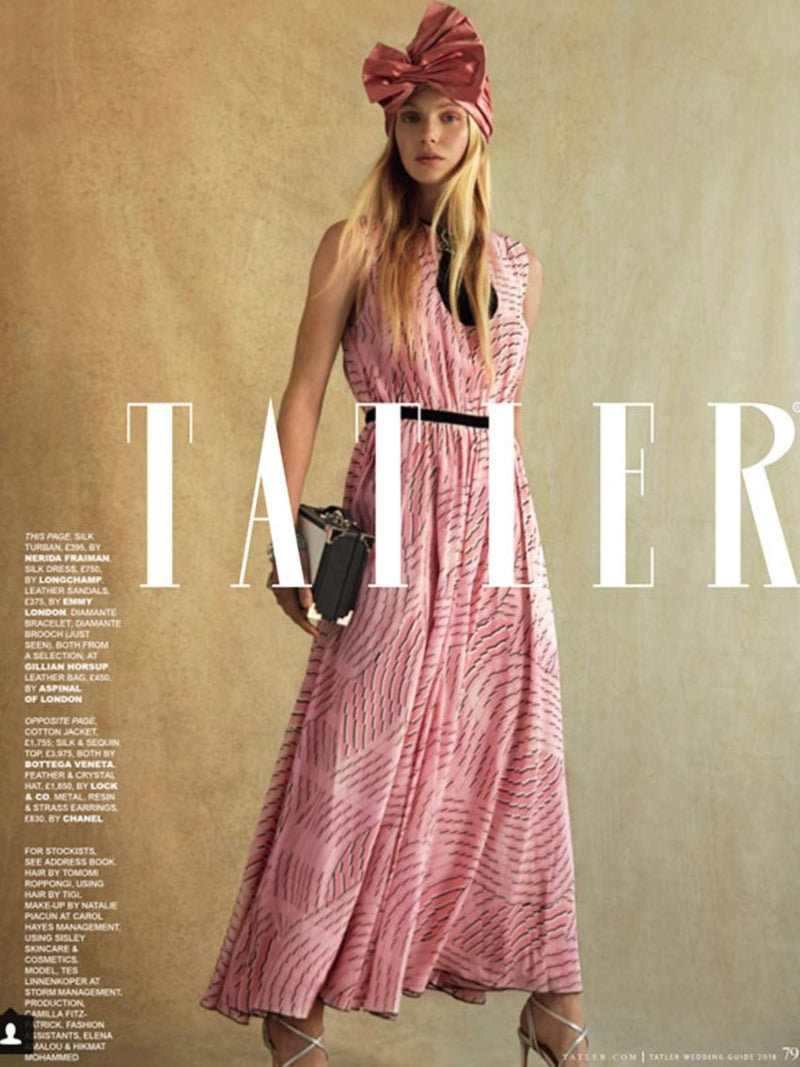 Model wearing Nerida Fraiman pink turban for the Tatler magazine.