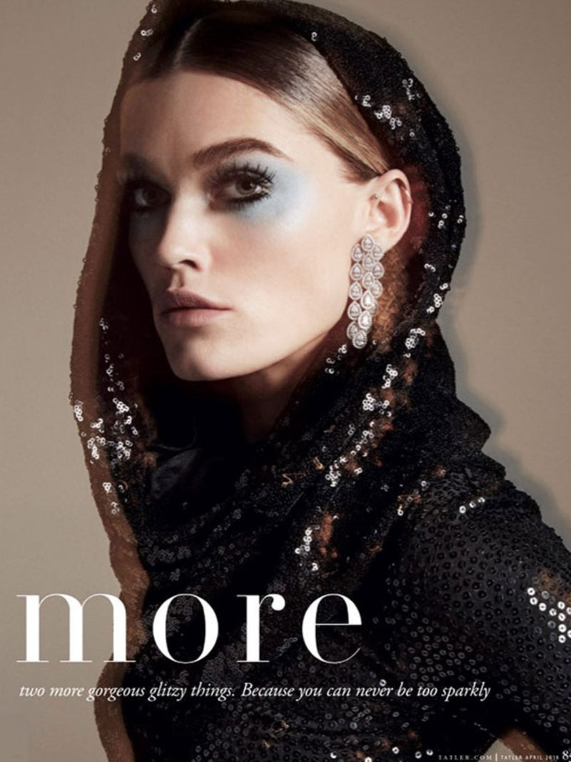 Model wearing Nerida Fraiman sequin snood for Tatler magazine.