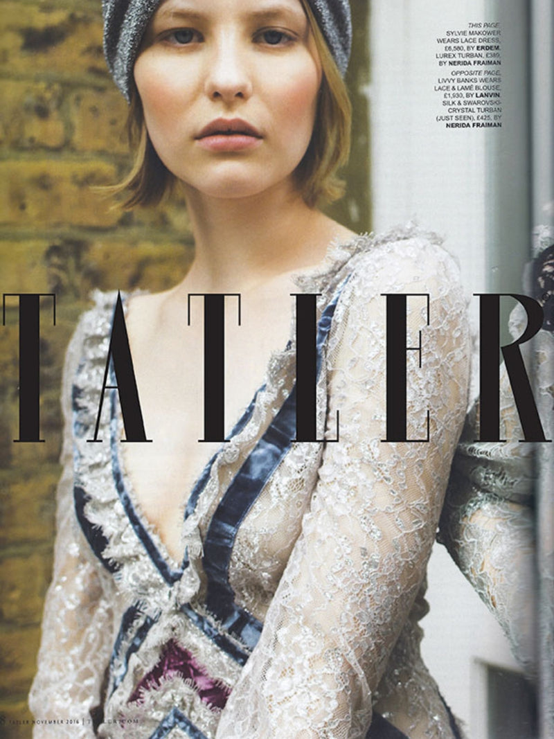 Model wearing Nerida Fraiman turban for Tatler magazine.