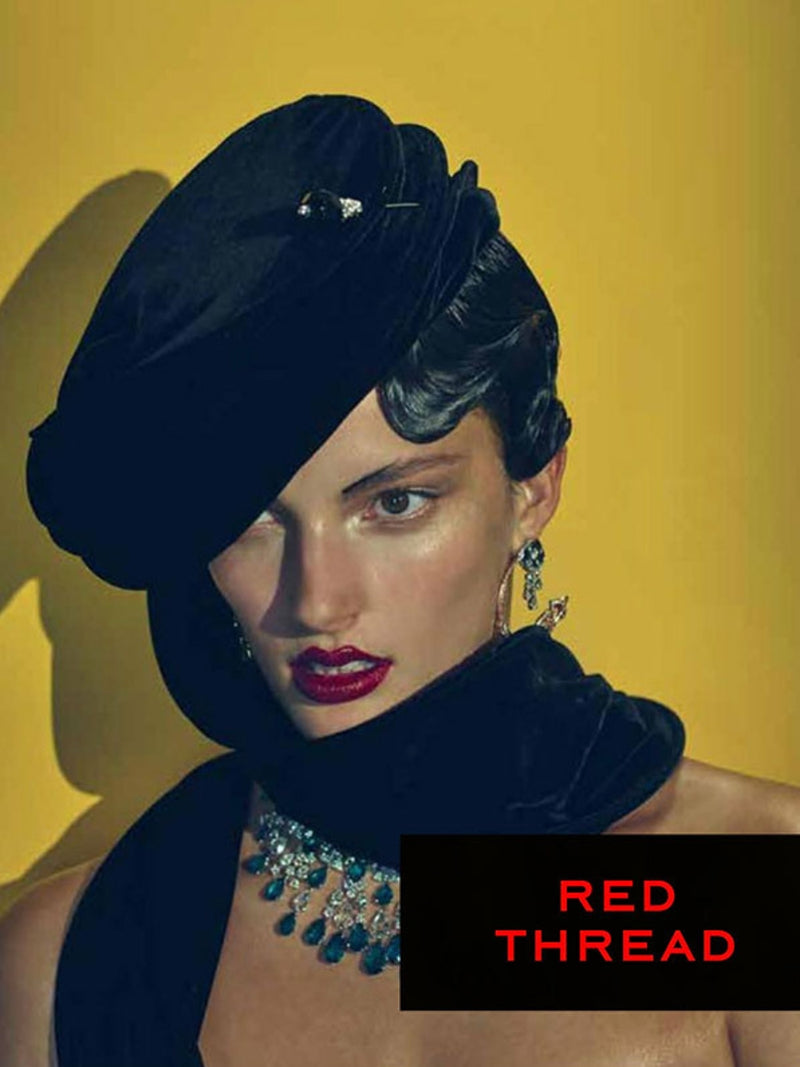 Model wearing Nerida Fraiman turban for Red Thread journal.