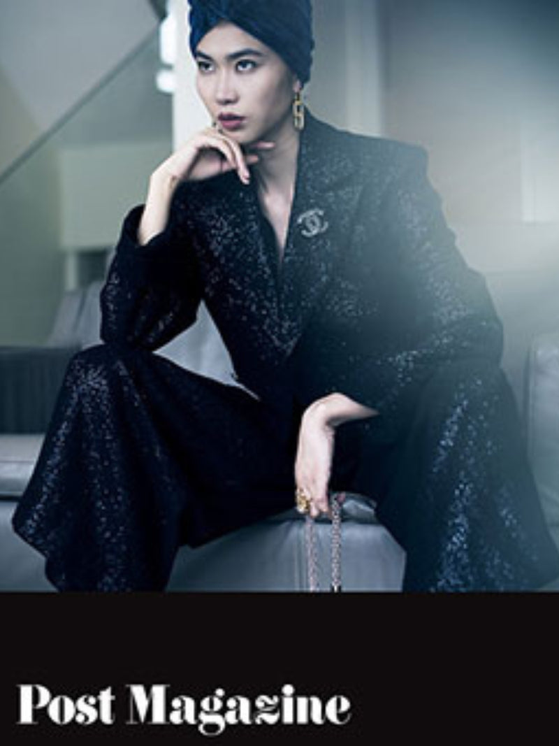Model wearing Nerida Fraiman turban in the South China Morning Post magazine.