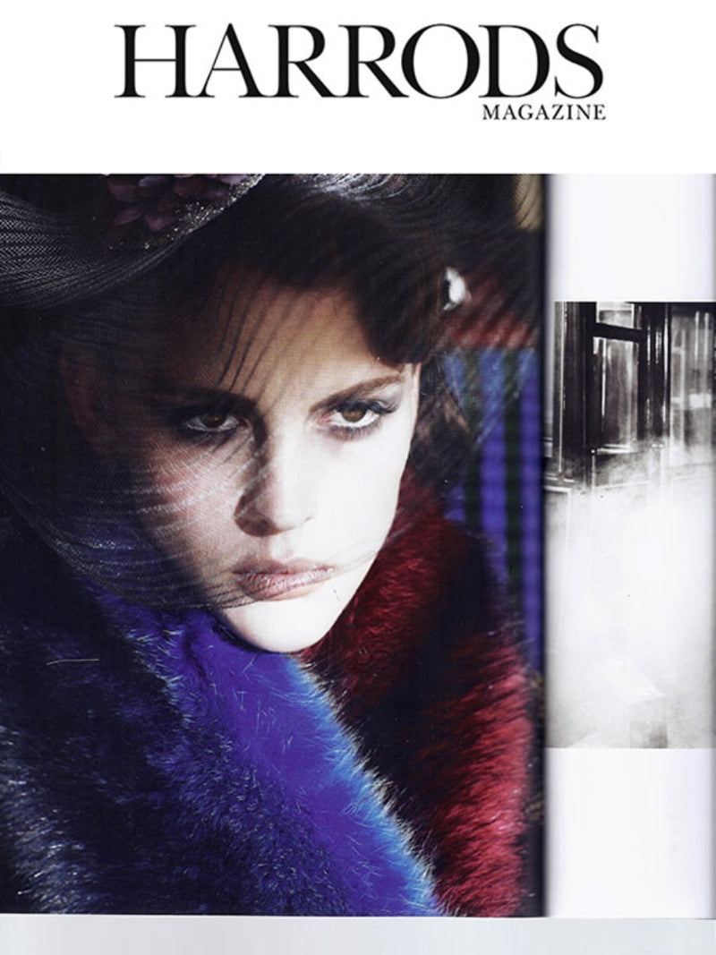 Model wearing Nerida Fraiman veiled hat for Harrods magazine.