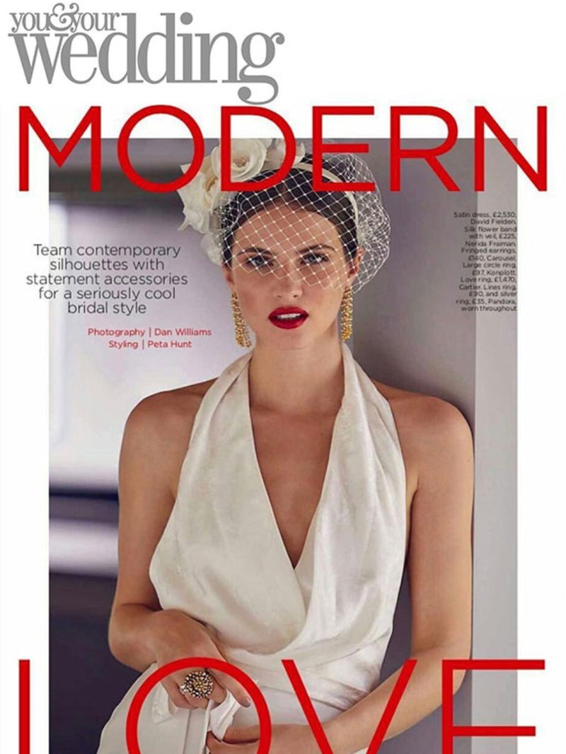 Model wearing Nerida Fraiman veiled headband for Brides magazine.
