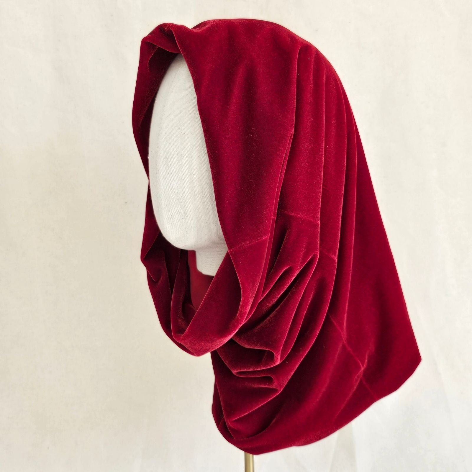 Red velvet elegant snood, side view.
