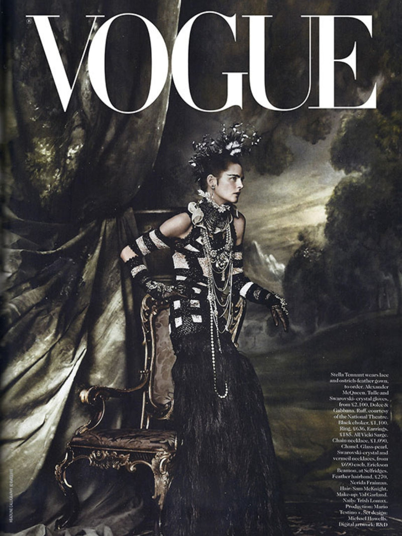 Stella Tennant wearing Nerida Fraiman feather fascinator for Vogue magazine.
